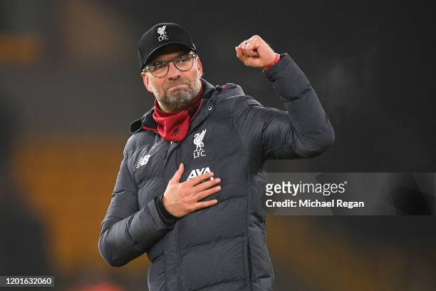 Liverpool manager Jurgen Klopp celebrates after the Premier League match between Wolverhampton Wanderers and Liverpool FC at Molineux on January 23,...