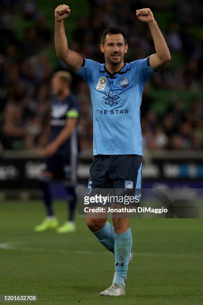 Ryan McGowan of Sydney reacts to a goal during the round 16 A-League match between the Melbourne Victory and Sydney FC at AAMI Park on January 24,...