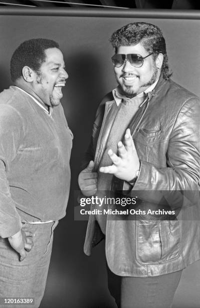 Englewood, NJ Big Bank Hank and Wonder Mike of the pioneering rap group the Sugar Hill Gang poses for a portrait at Sugar Hill Records in January...