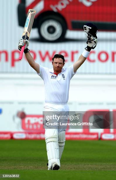 Ian Bell of England celebrates his century during the second npower Test match between England and India at Trent Bridge on July 31, 2011 in...