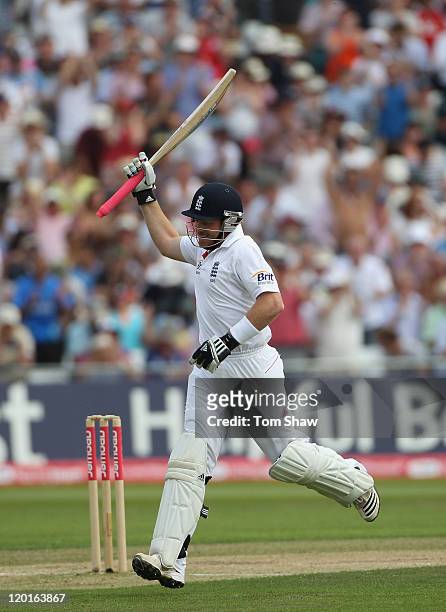 Ian Bell of England celebrates reaching his century during the second npower Test match between England and India at Trent Bridge on July 31, 2011 in...