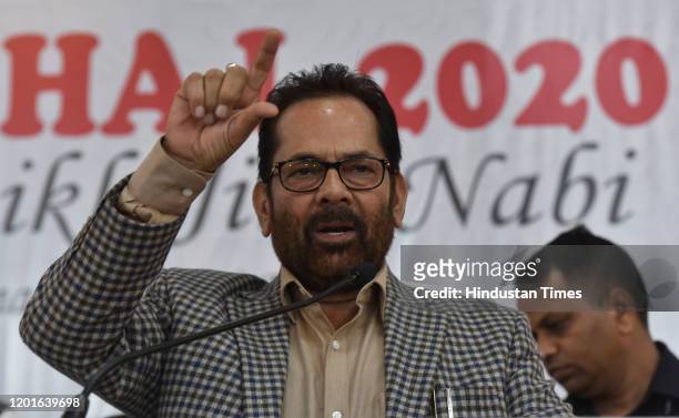 Union Minister for Minority Affairs Mukhtar Abbas Naqvi addresses a training programme of Haj 2020 trainers at Haj House, on February 17, 2020 in...