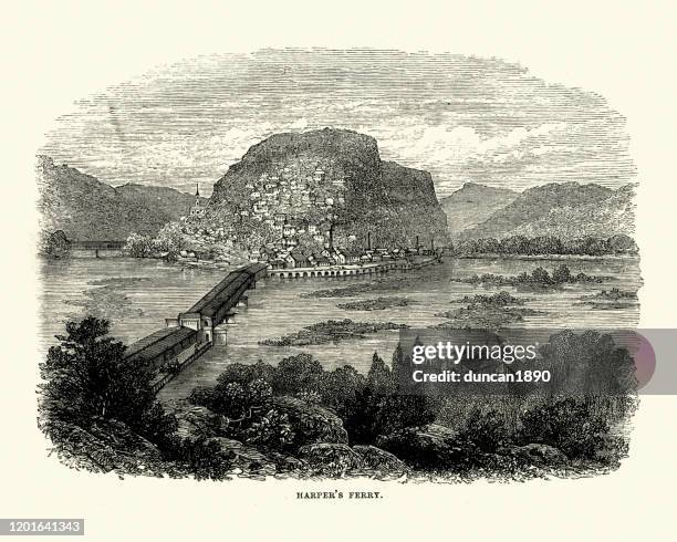 harpers ferry, west virginia, 19th century - covered bridge stock illustrations