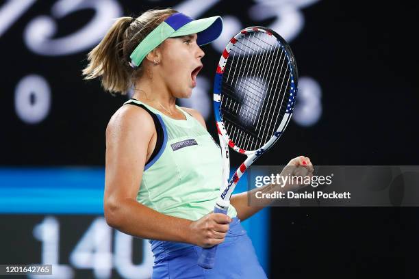 Sofia Kenin of the United States celebrates after winning a point in her third round match against Shuai Zhang of China on day five of the 2020...