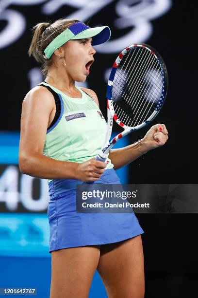 Sofia Kenin of the United States celebrates after winning a point in her third round match against Shuai Zhang of China on day five of the 2020...