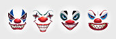 Crazy clowns faces on white background. Circus monsters