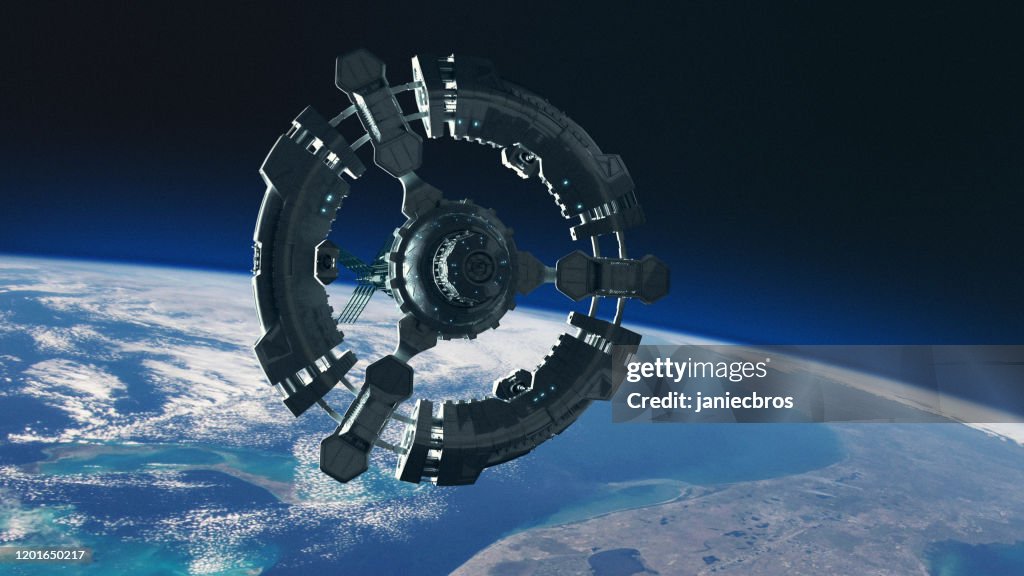 Space station in planet earth orbit. Space exploration.