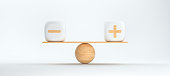wooden scale balancing cubes with plus and minus symbols - 3D rendered illustration