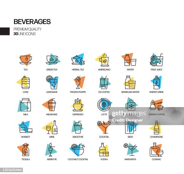 simple set of beverages related spotlight vector line icons. outline symbol collection. - juice bottle stock illustrations