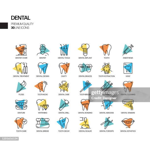 stockillustraties, clipart, cartoons en iconen met eenvoudige set van tandheelkundige gerelateerde vector spotlight line iconen. overzichtssymboolverzameling - dental equipment