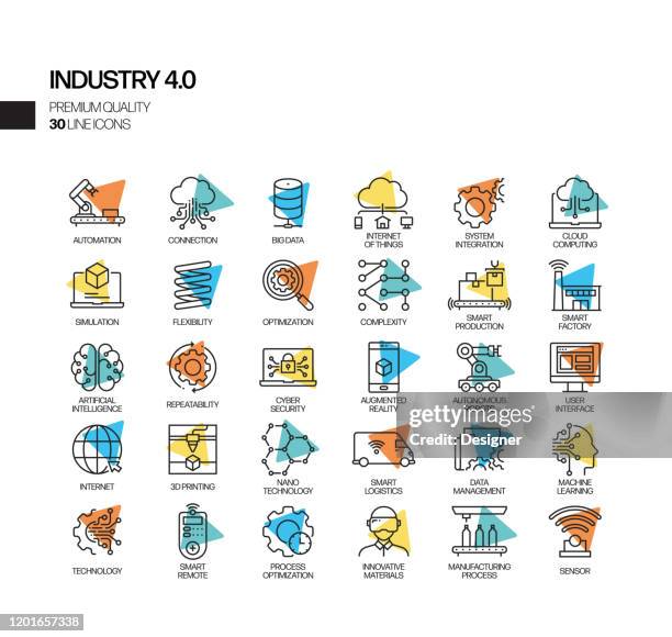 simple set of industry 4.0 related spotlight vector line icons. outline symbol collection. - computer aided manufacturing stock illustrations