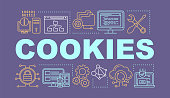 Cookies word concepts banner. Affiliate and referral tracking software. Computing, data storage. Presentation, website. Isolated lettering typography idea, linear icons. Vector outline illustration