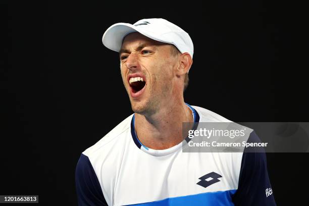 Roger Federer of Switzerland shows his emotion during his Men's Singles third round match against John Millman of Australia on day five of the 2020...