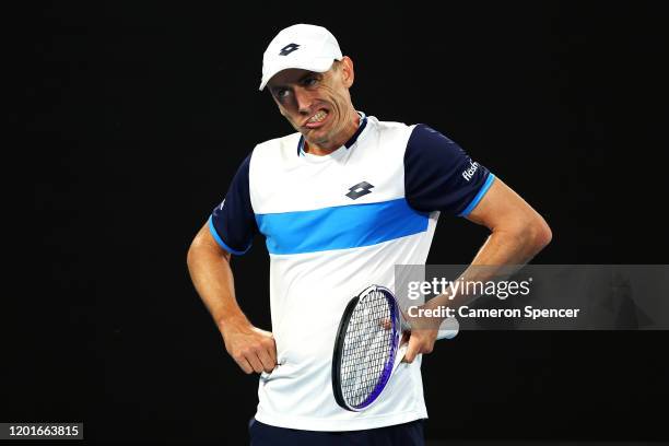 Roger Federer of Switzerland shows his emotion during his Men's Singles third round match against John Millman of Australia on day five of the 2020...