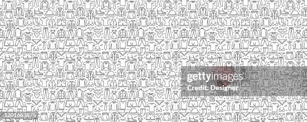 clothes related seamless pattern and background with line icons - boutique stock illustrations