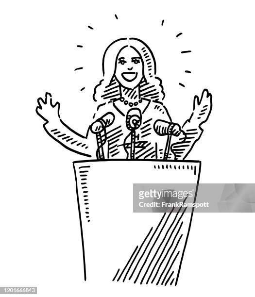 weibliche leiterin hält eine rede zeichnung - lectern stock-grafiken, -clipart, -cartoons und -symbole