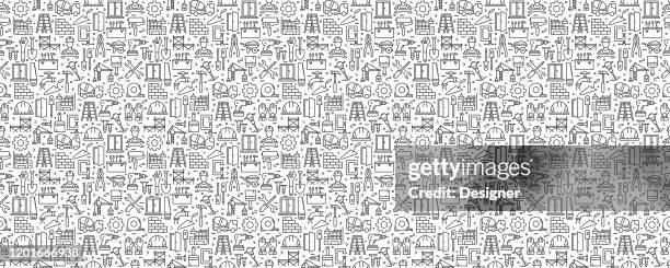 construction related seamless pattern and background with line icons - gardening tools stock illustrations