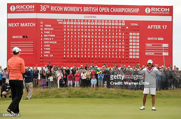 Yani Tseng of Taiwan celebrates victory on the 18th green during the final round of the 2011 Ricoh Women's British Open at Carnoustie Golf Links on...