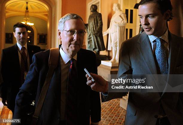 Senate Minority Leader Mitch McConnell arrives on Capitol Hill for a postponed vote on the debt ceiling on July 31, 2011 in Washington, DC. As the...