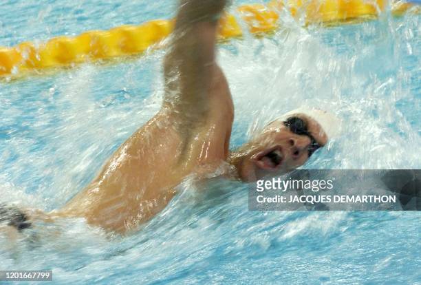 Le Français Xavier Marchand passe en crawl le 04 juillet 2000 à Helsinki lors des séries du 200m 4-nages hommes des championnats d'Europe de natation...