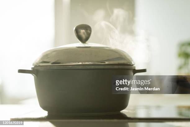 steaming saucepan in the kitchen - stew pot stock pictures, royalty-free photos & images