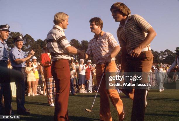 Tom Watson victorious, shaking hands with Jack Nicklaus after winning Masters at Augusta National. Augusta, GA 4/10/1977 CREDIT: Walter Iooss Jr.