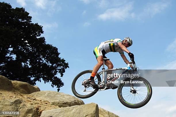 Daniel McConnell of Australia in action in the LOCOG Men's Mountain Bike Test Event for London 2012 at Hadleigh Farm on July 31, 2011 in Hadleigh,...