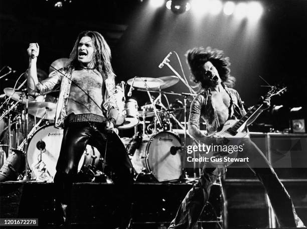 American singer-songwriter and musician David Lee Roth and Dutch-American musician, songwriter, producer, and inventor Eddie Van Halen performing...