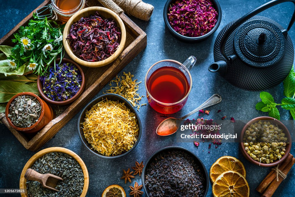 Several Tea Cup Of Tea With Several Multi Colored Dried Tea Leaves And Flowers Shot ...