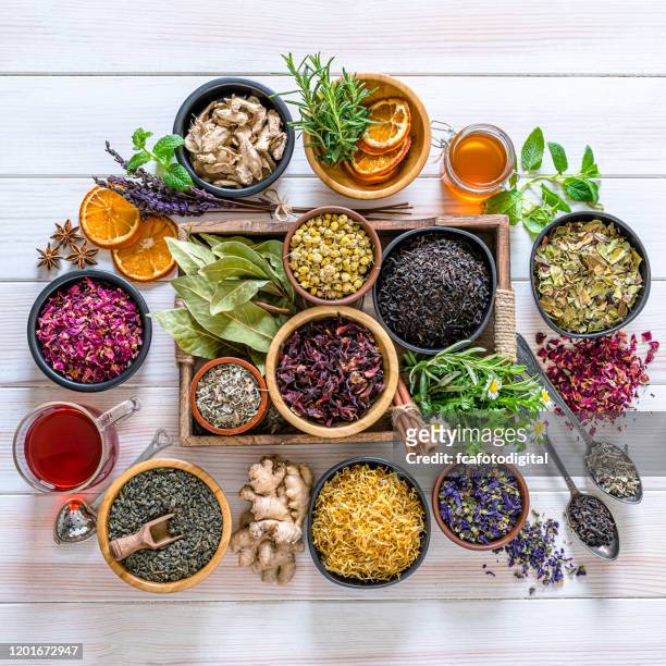 large variety of multi colored dried tea leaves and flowers shot from above on white table - herb stock pictures, royalty-free photos & images