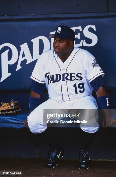 Tony Gwynn, Outfielder of the San Diego Padres sits in the dugout during the Major League Baseball National League West game against the Colorado...