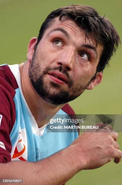 Portrait du troisième ligne berjallien Sébastien Chabal, pris le 28 mai 2004 au Stade Pierre Rajon de Bourgoin-Jallieu, lors du match opposant le...