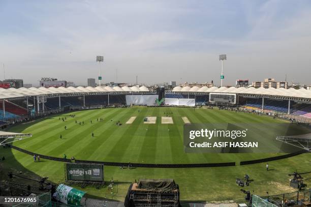 Quetta Gladiators players take part in a practice session for the upcoming 2020 Pakistan Super League at National Stadium in Karachi on February 18,...