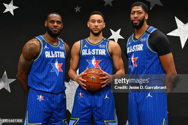 LeBron James, Ben Simmons and Anthony Davis of Team LeBron pose for a portrait before the 69th NBA All-Star Game on February 16, 2020 at the United...