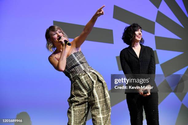 Taylor Swift and Lana Wilson speak onstage during the Netflix premiere of Miss Americana at Sundance Film Festival on January 23, 2020 in Park City,...
