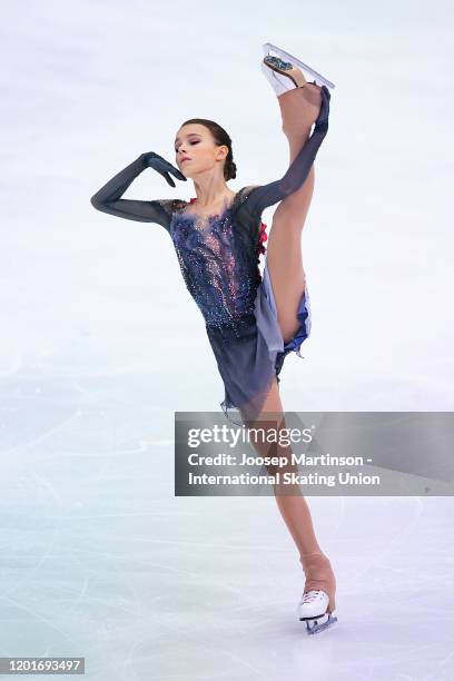 Anna Shcherbakova of Russia competes in the Ladies Short Program during day 3 of the ISU European Figure Skating Championships at Steiermarkhalle on...