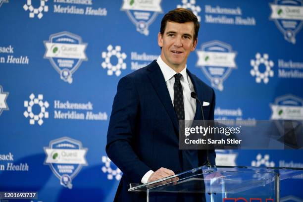 Eli Manning of the New York Giants announces his retirement during a press conference on January 24, 2020 at Quest Diagnostics Training Center in...