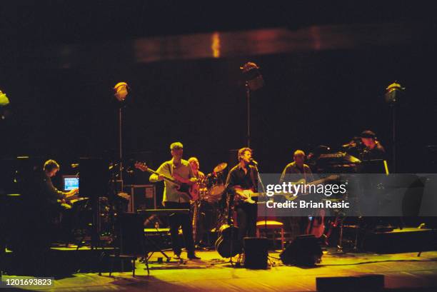 Scottish music group The Blue Nile, featuring bass guitarist Robert Bell 2nd from left and guitarist Paul Buchanan 4th from left, perform live on...