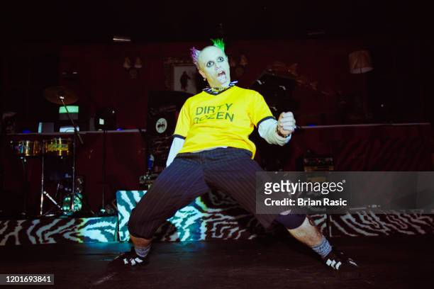 English singer and musician Keith Flint of The Prodigy performs live on stage at Brixton Academy in London on 11th October 1996.