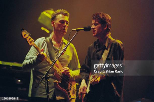 Guitarist Paul Buchanan and bass guitarist Robert Bell of British music group The Blue Nile perform live on stage with the band at The Palladium in...