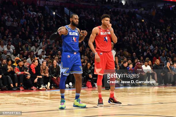 LeBron James and Giannis Antetokounmpo look on during the 69th NBA All-Star Game on February 16, 2020 at the United Center in Chicago, Illinois. NOTE...