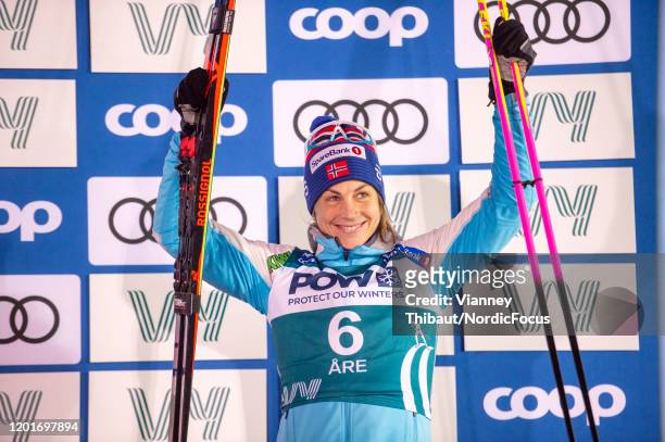 Astrid Uhrenholdt Jacobsen of Norway takes third place during the Women's SP F Final at the FIS Cross-Country World Cup Are on February 18, 2020 in...