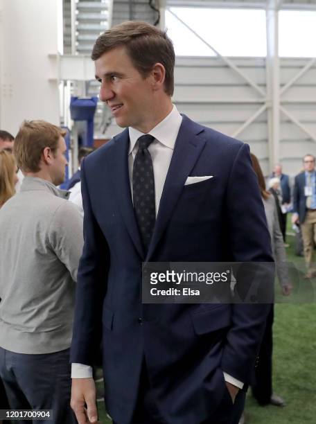 Eli Manning of the New York Giants walks out after he announced his retirement during a press conference on January 24, 2020 at Quest Diagnostic...