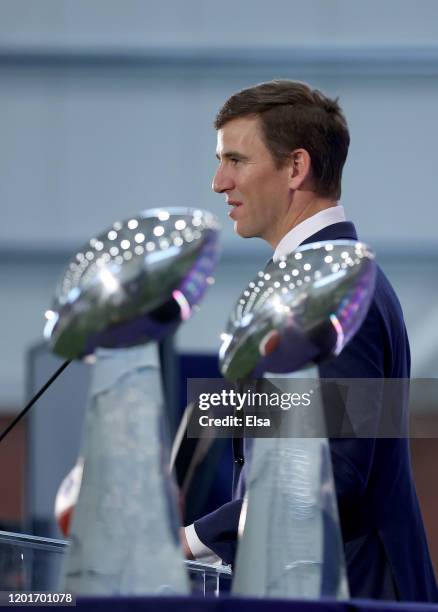 Eli Manning of the New York Giants announces his retirement during a press conference on January 24, 2020 at Quest Diagnostic Training Center in East...