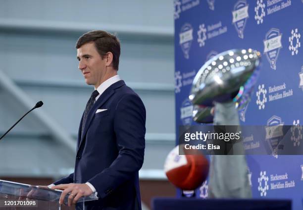 Eli Manning of the New York Giants announces his retirement during a press conference on January 24, 2020 at Quest Diagnostic Training Center in East...