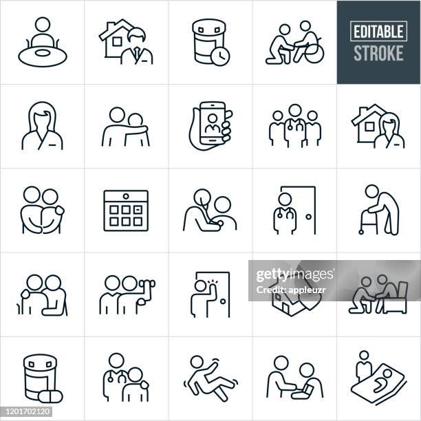 ilustraciones, imágenes clip art, dibujos animados e iconos de stock de iconos de línea delgada de salud en el hogar - trazo editable - age icon