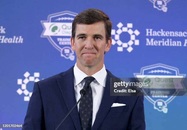 Eli Manning of the New York Giants announces his retirement during a press conference on January 24, 2020 at Quest Diagnostic Training Center in East...