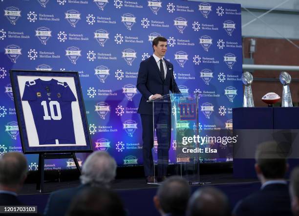 Eli Manning of the New York Giants announces his retirement during a press conference on January 24, 2020 at Quest Diagnostic Training Center in East...