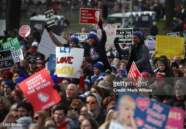 People gather for the 47th March For Life rally on the National Mall where U.S. President Donald Trump addressed the crowd, January 24, 2019 in...