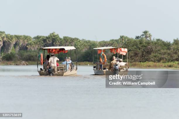 tourist at lake manze in the selous game reserve, tanzania. - selous game reserve stockfoto's en -beelden